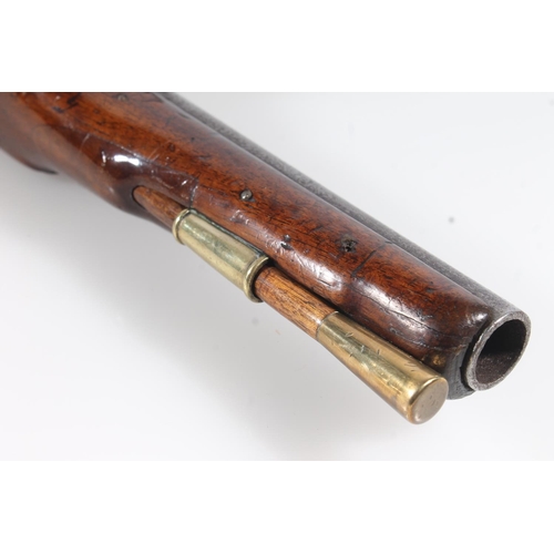 1834 - Antique flintlock pistol by Nock having 23cm long unsighted tapering circular section barrel, mahoga... 