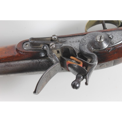 1834 - Antique flintlock pistol by Nock having 23cm long unsighted tapering circular section barrel, mahoga... 