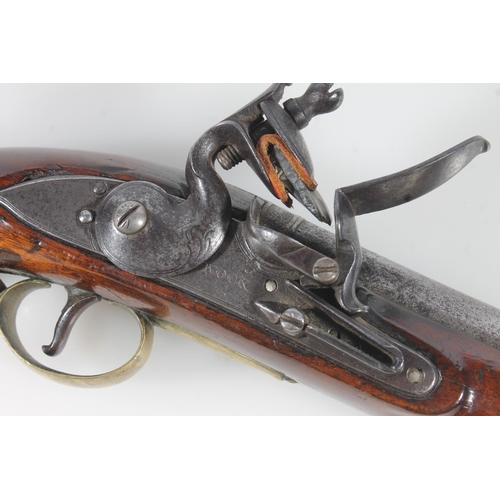 1834 - Antique flintlock pistol by Nock having 23cm long unsighted tapering circular section barrel, mahoga... 