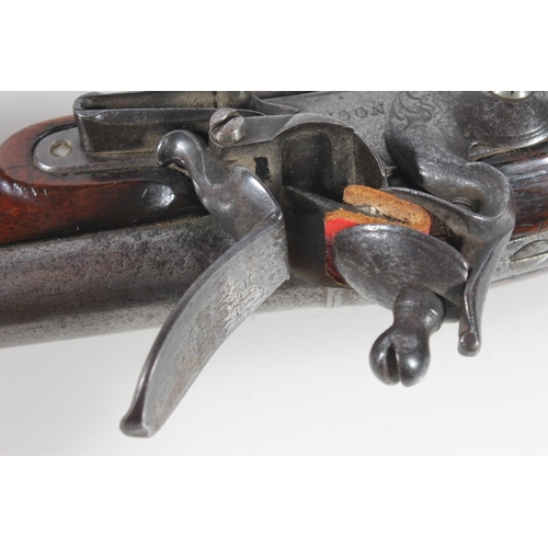 1834 - Antique flintlock pistol by Nock having 23cm long unsighted tapering circular section barrel, mahoga... 