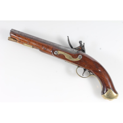 1834 - Antique flintlock pistol by Nock having 23cm long unsighted tapering circular section barrel, mahoga... 