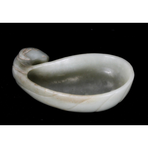 347 - Chinese Mughal type celadon jade washer bowl, the handle in the form of a rams head with lobed body,... 