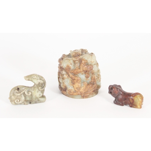 354 - Chinese russet jade cap carved with a dragon atop clouds, together with a two handled round bowl, re... 