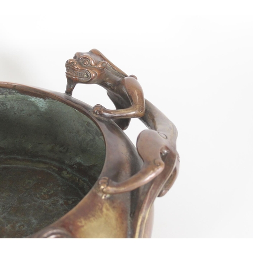 356 - Chinese large bronze censer or washer bowl, of globular form with cast Kuilong dragon handles, the b... 