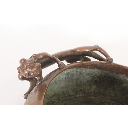 356 - Chinese large bronze censer or washer bowl, of globular form with cast Kuilong dragon handles, the b... 