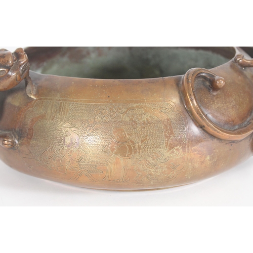 356 - Chinese large bronze censer or washer bowl, of globular form with cast Kuilong dragon handles, the b... 