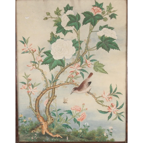 357 - Chinese watercolour painting, of a finch perched on a blossoming branch with peonies and other wild ... 