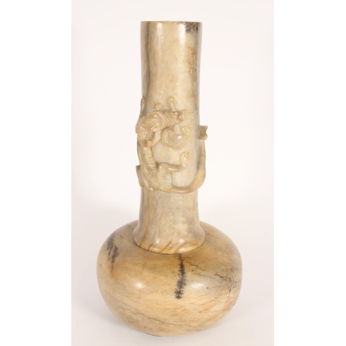 363 - Chinese soapstone vase, the cylindrical neck entwined with relief carved dragon, together with a Chi... 