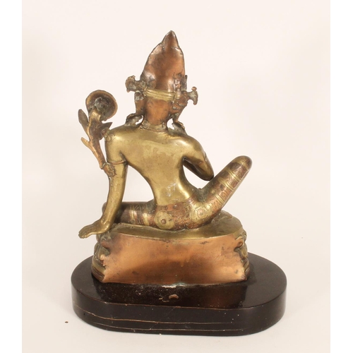 364 - Indian brass Boddhisatva sculptural figure, of typical form with raised hand and in seated pose on b... 