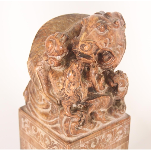 365 - Pair of Chinese carved soapstone table seals, carved on a plinth as Dragons with young, the larger g... 