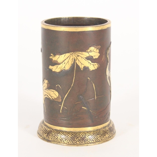 366 - Japanese mixed metal inlaid bronze brush pot, decorated in bronze, silver and copper with gilt highl... 