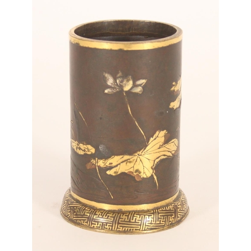 366 - Japanese mixed metal inlaid bronze brush pot, decorated in bronze, silver and copper with gilt highl... 