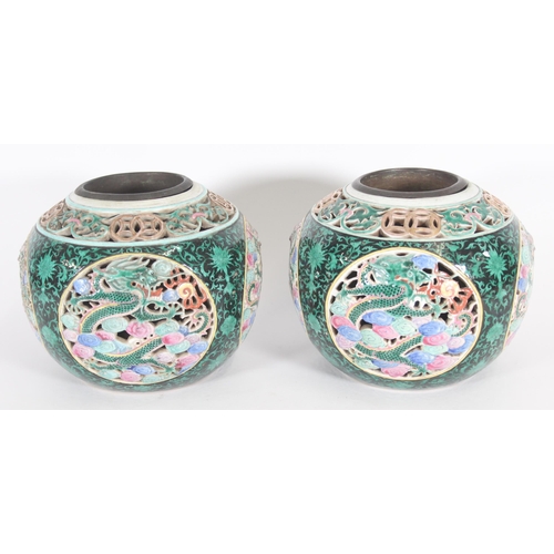 368 - Pair of Chinese porcelain Famille Verte vases, the ovoid bodies with reticulated scrolling patterns ... 