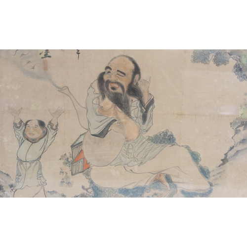 369 - Chinese watercolour on paper of a bearded immortal waxing his ear, in the company of a young attenda... 