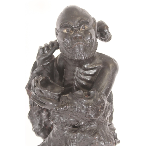 370 - Large Chinese lacquered root wood figure of Damo, the ascetic monk shouldering a club with bowl in h... 