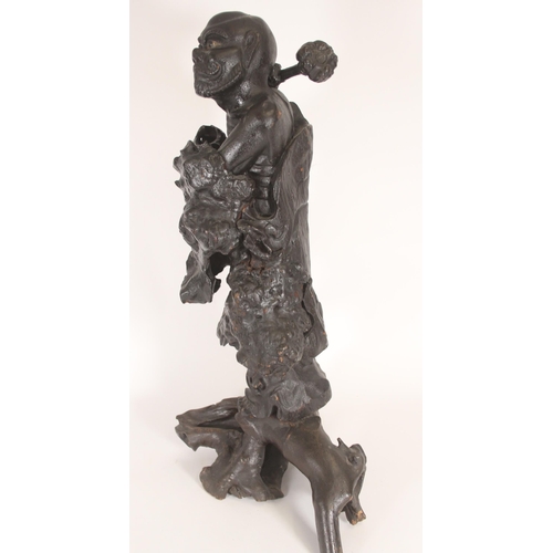 370 - Large Chinese lacquered root wood figure of Damo, the ascetic monk shouldering a club with bowl in h... 