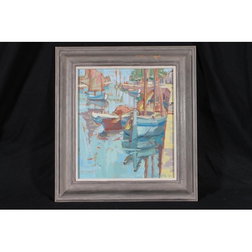 212 - JOAN GILLESPIE (Scottish b1954) *ARR* Quayside near Toulon Oil painting on board, signed and dated '... 