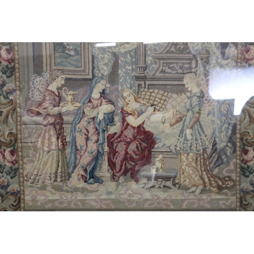 299 - Continental needlework and woolwork tapestry, late 19th century, depicting a maiden within bedchambe... 