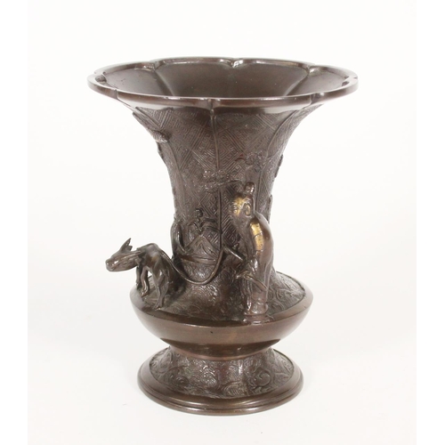 375 - Chinese patinated bronze vase, with flared lotus shape rim over a fretwork engraved body with applie... 