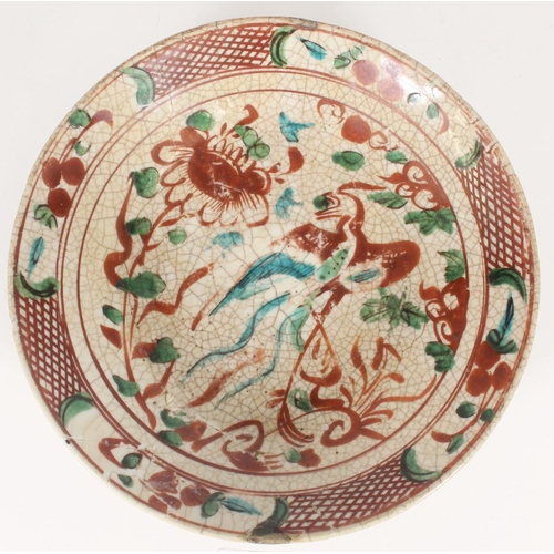 376 - Chinese Wucai glaze plate, decorated with a Phoenix amongst foliage on a crackled ground, W22.5cm.