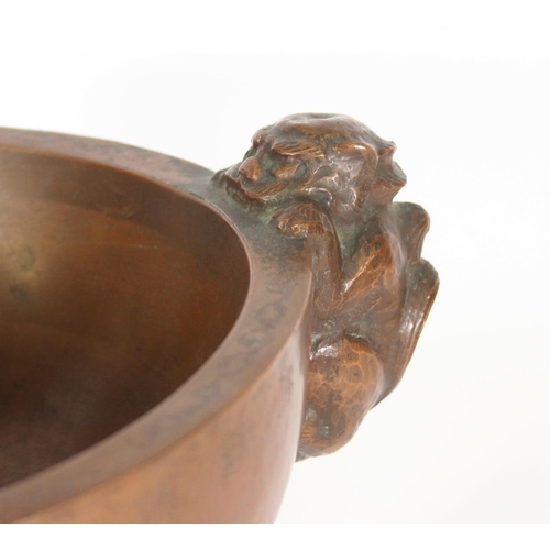 381 - Chinese patinated hollow metal censer, the planished bowl with cast temple dog handles, engraved wit... 