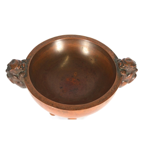 381 - Chinese patinated hollow metal censer, the planished bowl with cast temple dog handles, engraved wit... 