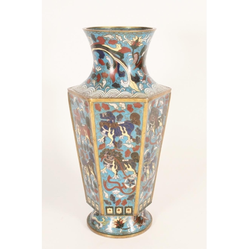 392 - Chinese cloisonne hexagonal vase, the waisted neck above hexagonal body, decorated with Dogs of Fo a... 