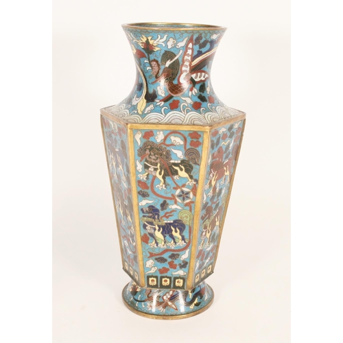 392 - Chinese cloisonne hexagonal vase, the waisted neck above hexagonal body, decorated with Dogs of Fo a... 