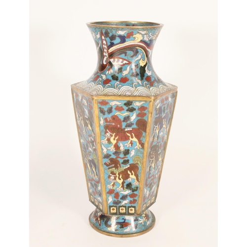 392 - Chinese cloisonne hexagonal vase, the waisted neck above hexagonal body, decorated with Dogs of Fo a... 