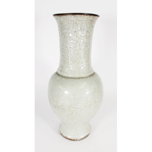 399 - Chinese large crackle glaze Longquan type celadon vase, the flared neck with metal rim over an ovoid... 