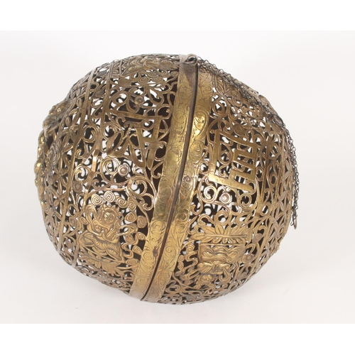 401 - Oriental large hanging incense ball, the brass ball reticulated in repeating patterns and deities, m... 