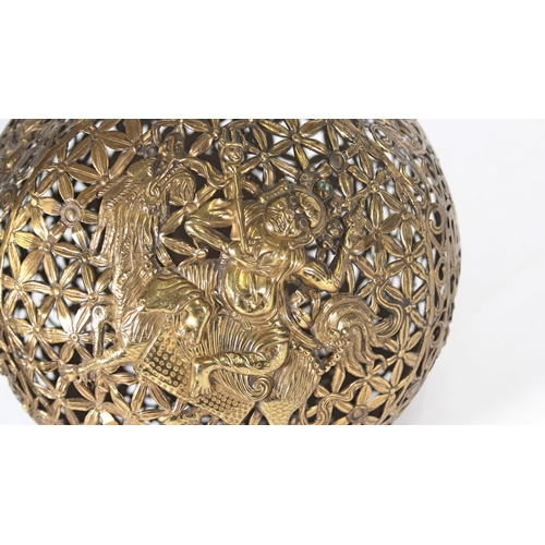 401 - Oriental large hanging incense ball, the brass ball reticulated in repeating patterns and deities, m... 