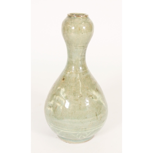 406 - Korean Celadon glazed gourd shaped bottle vase, decorated with storks in flight, H21cm.