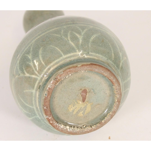 406 - Korean Celadon glazed gourd shaped bottle vase, decorated with storks in flight, H21cm.