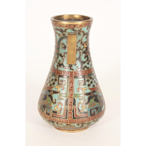 410 - Chinese Hu style cloisonne vase, with square handles on a baluster body decorated in typical Archaic... 