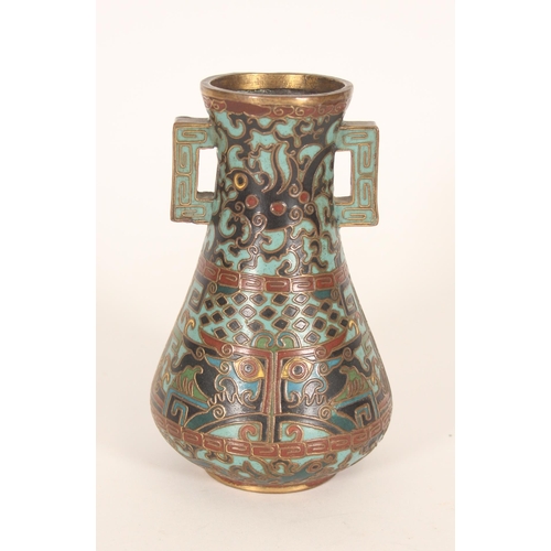 410 - Chinese Hu style cloisonne vase, with square handles on a baluster body decorated in typical Archaic... 