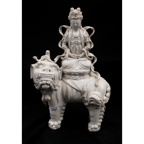 415 - Chinese Blanc de Chine porcelain model of a Boddishattva seated on a Dog of Fo, H42cm.