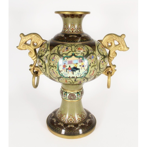 416 - Chinese cloisonne vase, with cast metal handles around a body decorated with sporting motifs and rac... 