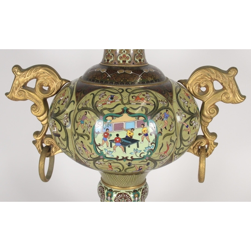 416 - Chinese cloisonne vase, with cast metal handles around a body decorated with sporting motifs and rac... 