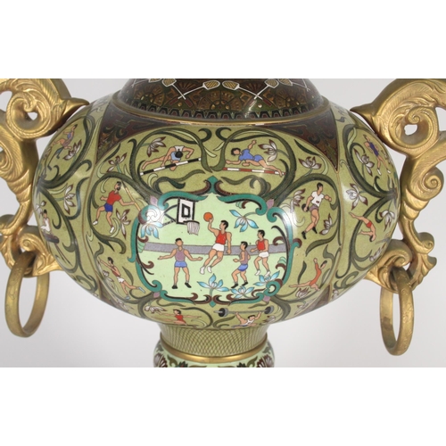 416 - Chinese cloisonne vase, with cast metal handles around a body decorated with sporting motifs and rac... 