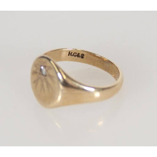 179 - Gents 9ct gold signet ring set with small round cut white stone, sponsors mark 'HG&S', ring size... 