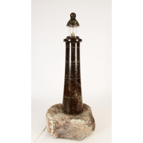 297 - Cornish serpentine lighthouse lamp sculpture, mid 20th century, on natural granite rough slab base, ... 