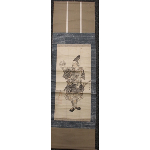 419 - Japanese watercolour scrolls of Geisha, Samurai and Dragons, some housed in wooden cases (7)