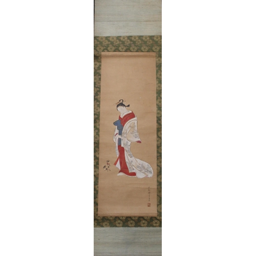 419 - Japanese watercolour scrolls of Geisha, Samurai and Dragons, some housed in wooden cases (7)