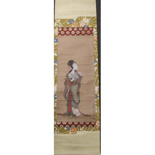 419 - Japanese watercolour scrolls of Geisha, Samurai and Dragons, some housed in wooden cases (7)