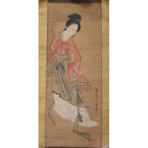 419 - Japanese watercolour scrolls of Geisha, Samurai and Dragons, some housed in wooden cases (7)