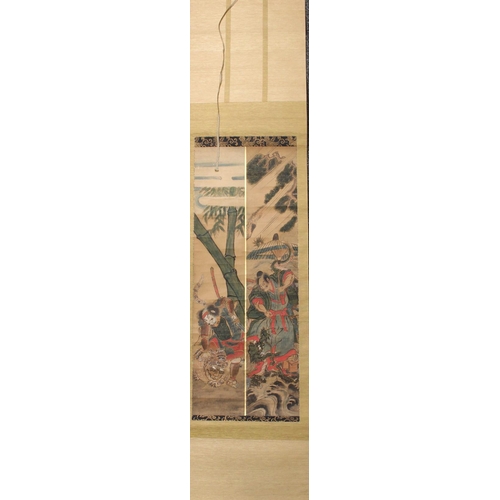 419 - Japanese watercolour scrolls of Geisha, Samurai and Dragons, some housed in wooden cases (7)