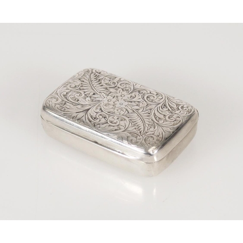 68 - Antique Victorian silver snuff box or vesta case, the lid with incised scrolling foliate design, str... 