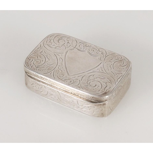 71 - Antique Victorian silver snuff box of rectangular shape having rounded corners and incised with scro... 