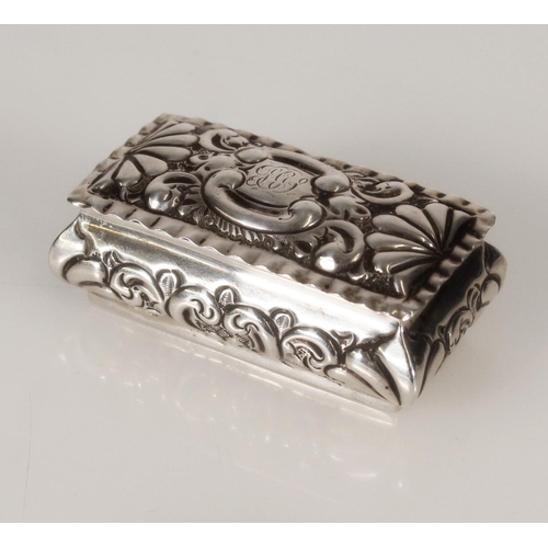 72 - Antique Victorian silver snuff box of sarcophagus form decorated with repoussé and chased C s... 